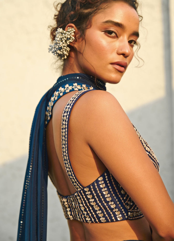 Blue Sequin Embroidered Pre - Stitched Georgette Saree Chamee and Palak - Fabilicious Fashion