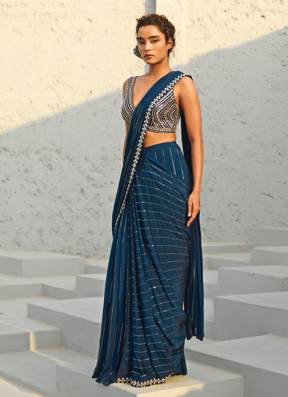Blue Sequin Embroidered Pre - Stitched Georgette Saree Chamee and Palak - Fabilicious Fashion