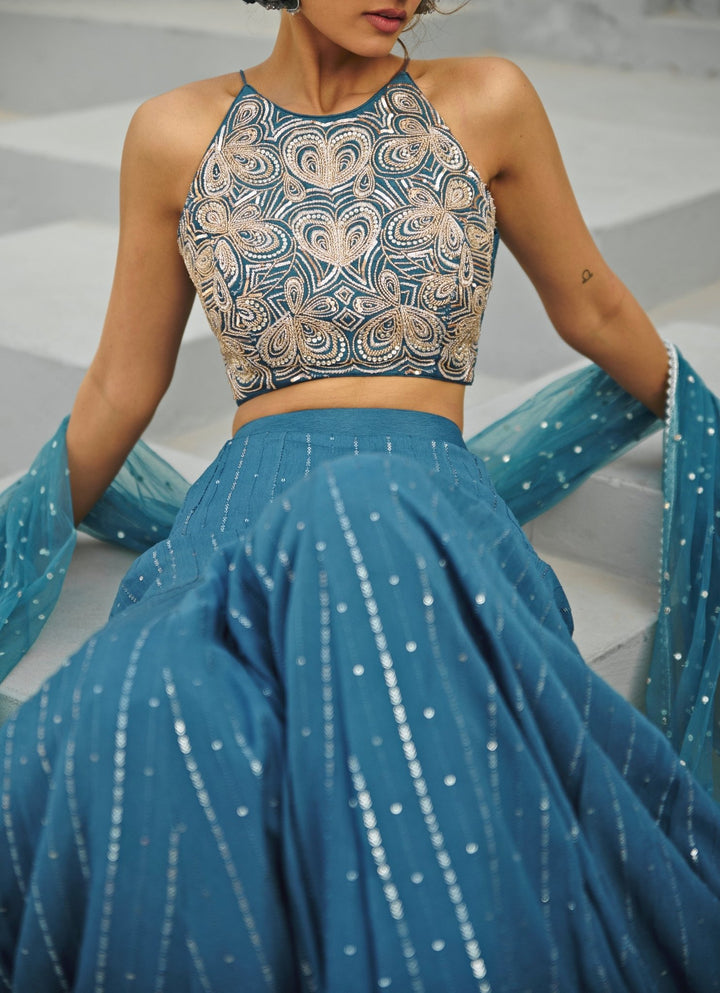 Blue Sequin Embroidered Skirt Set Chamee and Palak - Fabilicious Fashion