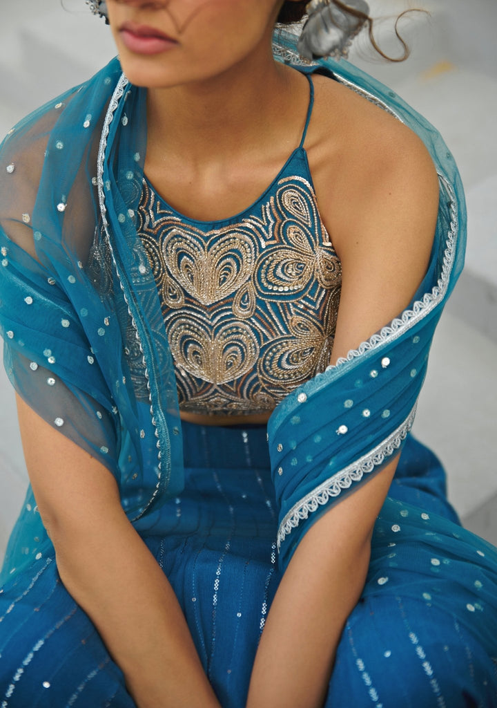 Blue Sequin Embroidered Skirt Set Chamee and Palak - Fabilicious Fashion