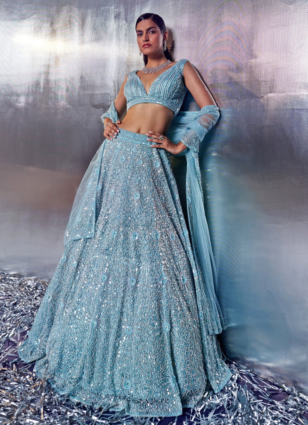 Blue Sequins Embroidered Bridal Lehenga Set Angad Singh - Fabilicious Fashion
