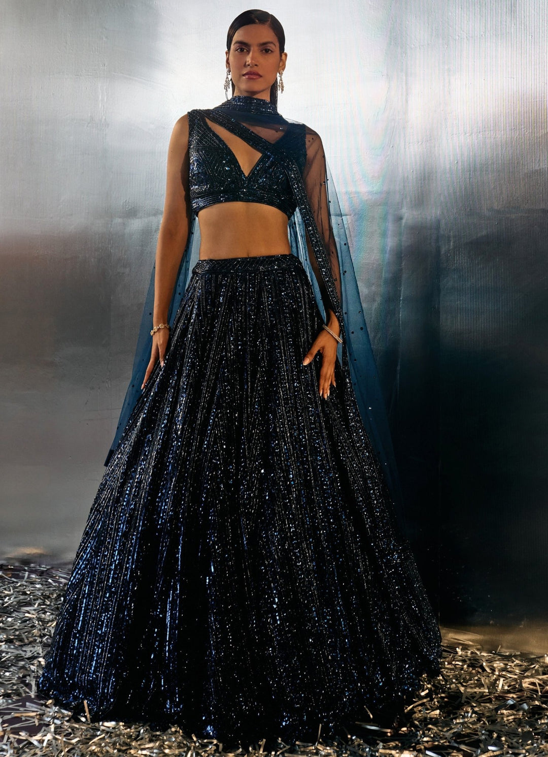 Blue Sequins Embroidered Bridal Lehenga Set Angad Singh - Fabilicious Fashion