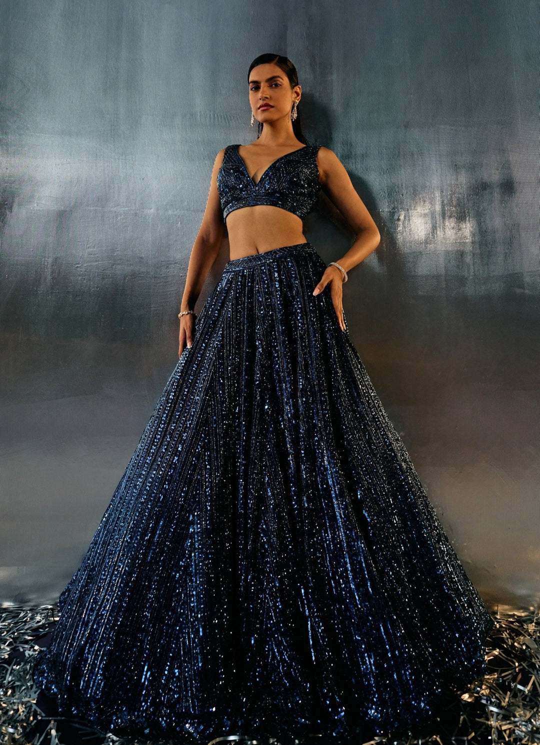 Blue Sequins Embroidered Bridal Lehenga Set Angad Singh - Fabilicious Fashion