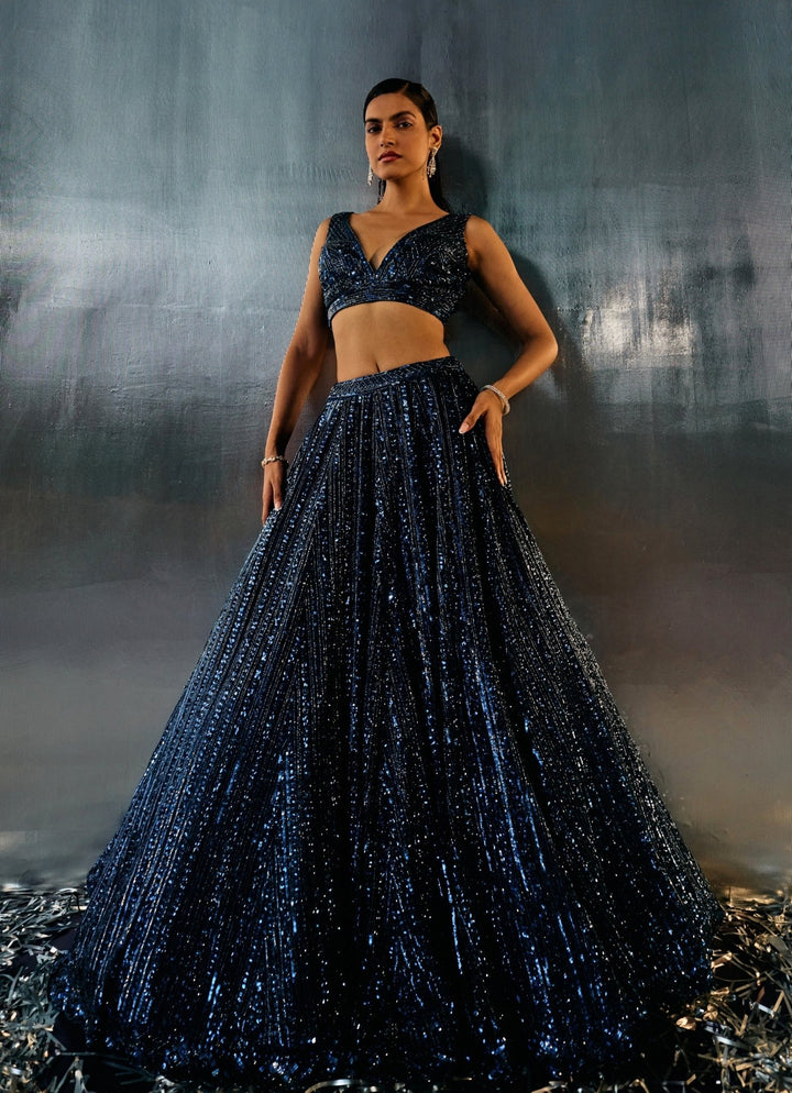 Blue Sequins Embroidered Bridal Lehenga Set Angad Singh - Fabilicious Fashion