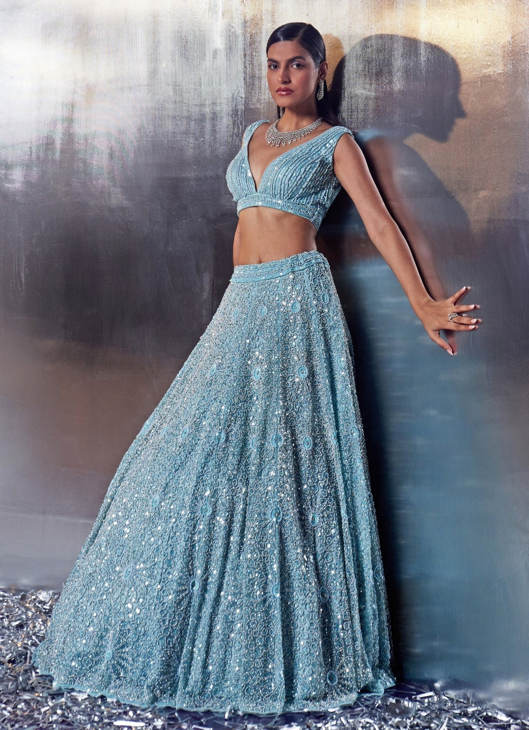 Blue Sequins Embroidered Bridal Lehenga Set Angad Singh - Fabilicious Fashion