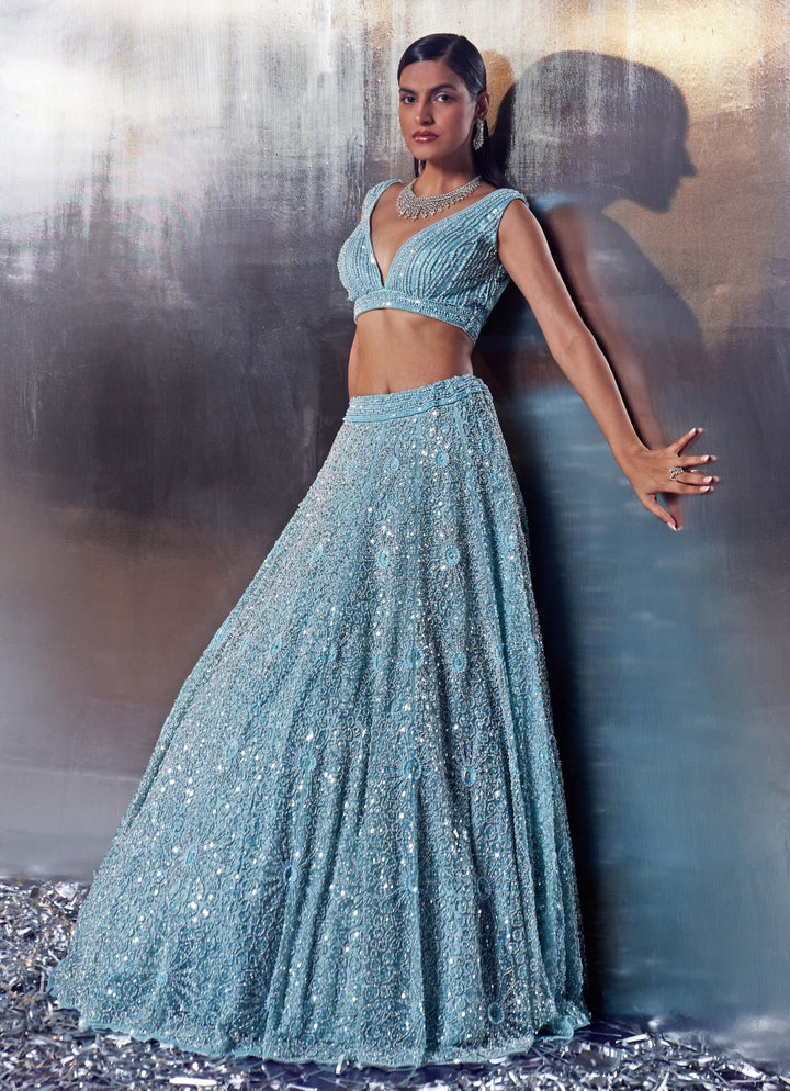 Blue Sequins Embroidered Bridal Lehenga Set Angad Singh - Fabilicious Fashion