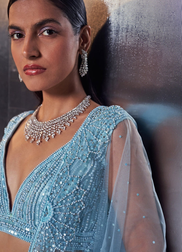 Blue Sequins Embroidered Bridal Lehenga Set Angad Singh - Fabilicious Fashion