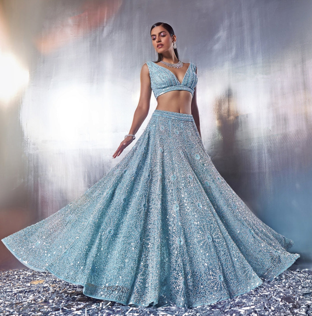 Blue Sequins Embroidered Bridal Lehenga Set Angad Singh - Fabilicious Fashion