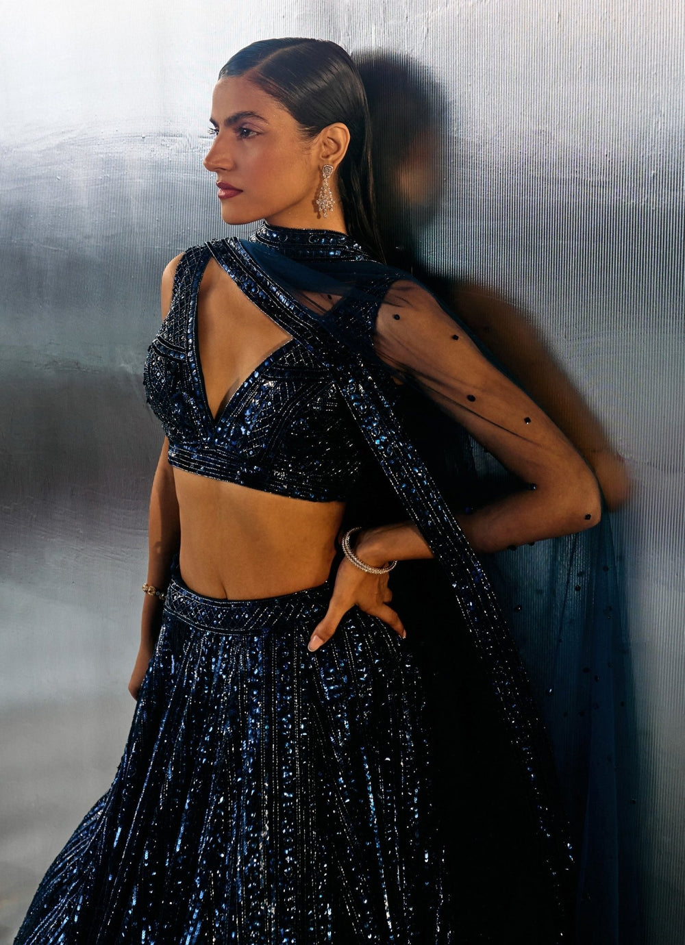Blue Sequins Embroidered Bridal Lehenga Set Angad Singh - Fabilicious Fashion
