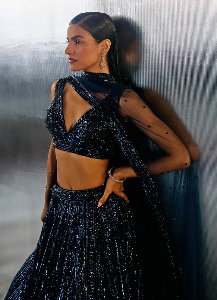 Blue Sequins Embroidered Bridal Lehenga Set Angad Singh - Fabilicious Fashion
