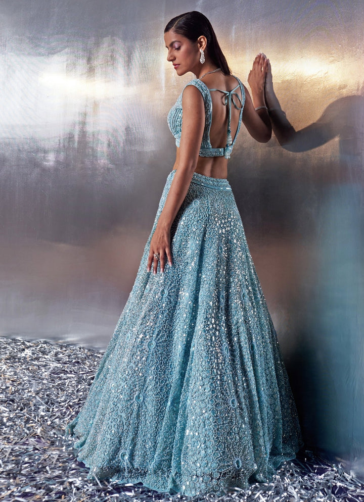 Blue Sequins Embroidered Bridal Lehenga Set Angad Singh - Fabilicious Fashion