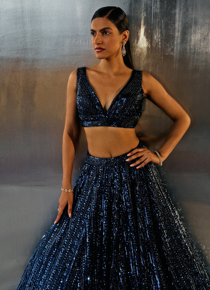 Blue Sequins Embroidered Bridal Lehenga Set Angad Singh - Fabilicious Fashion