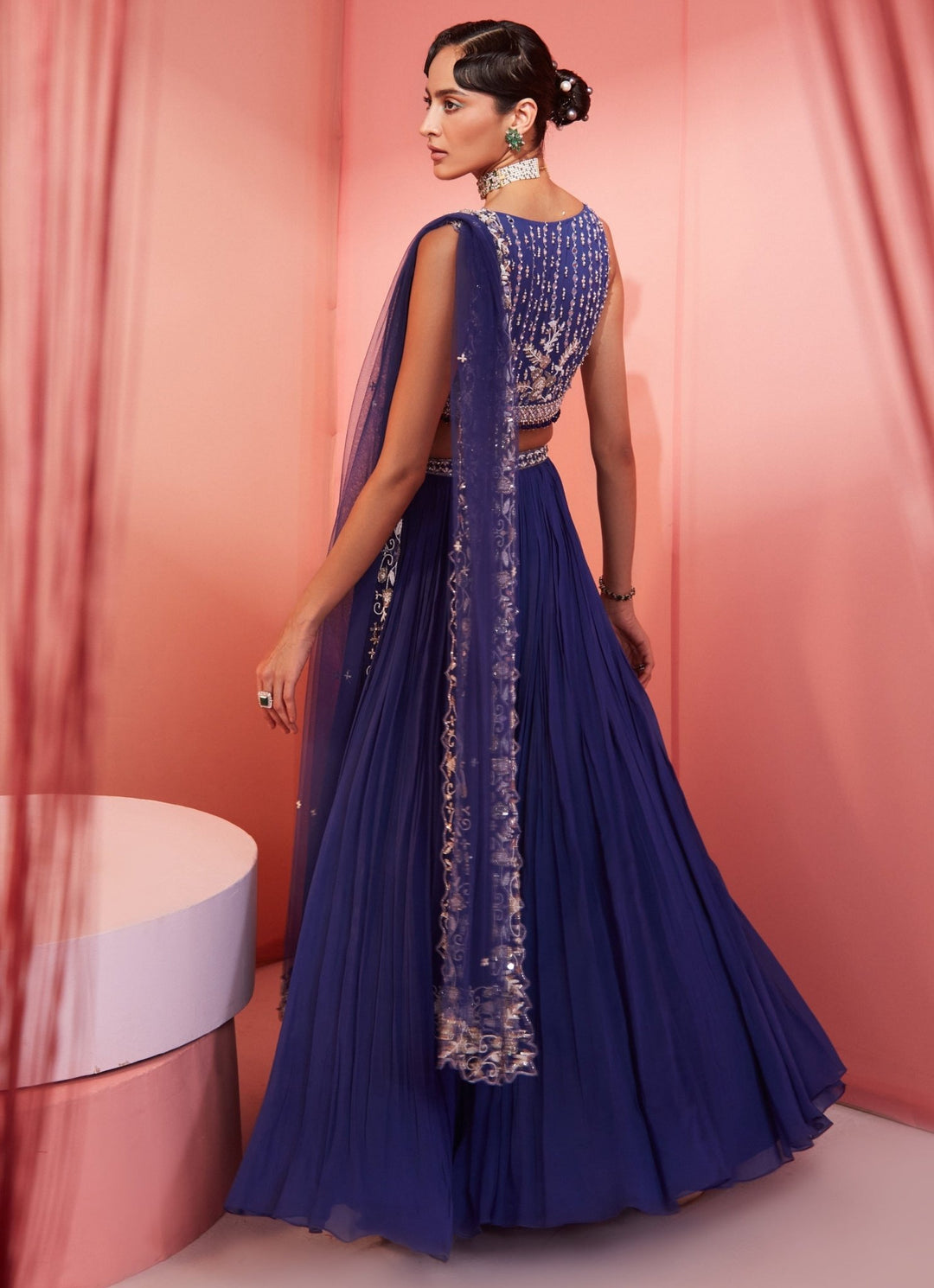 Blue Sequins Embroidered Georgette Pleated Lehenga Set Sanya Gulati - Fabilicious Fashion