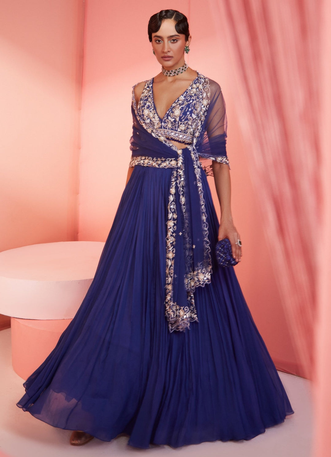 Blue Sequins Embroidered Georgette Pleated Lehenga Set Sanya Gulati - Fabilicious Fashion