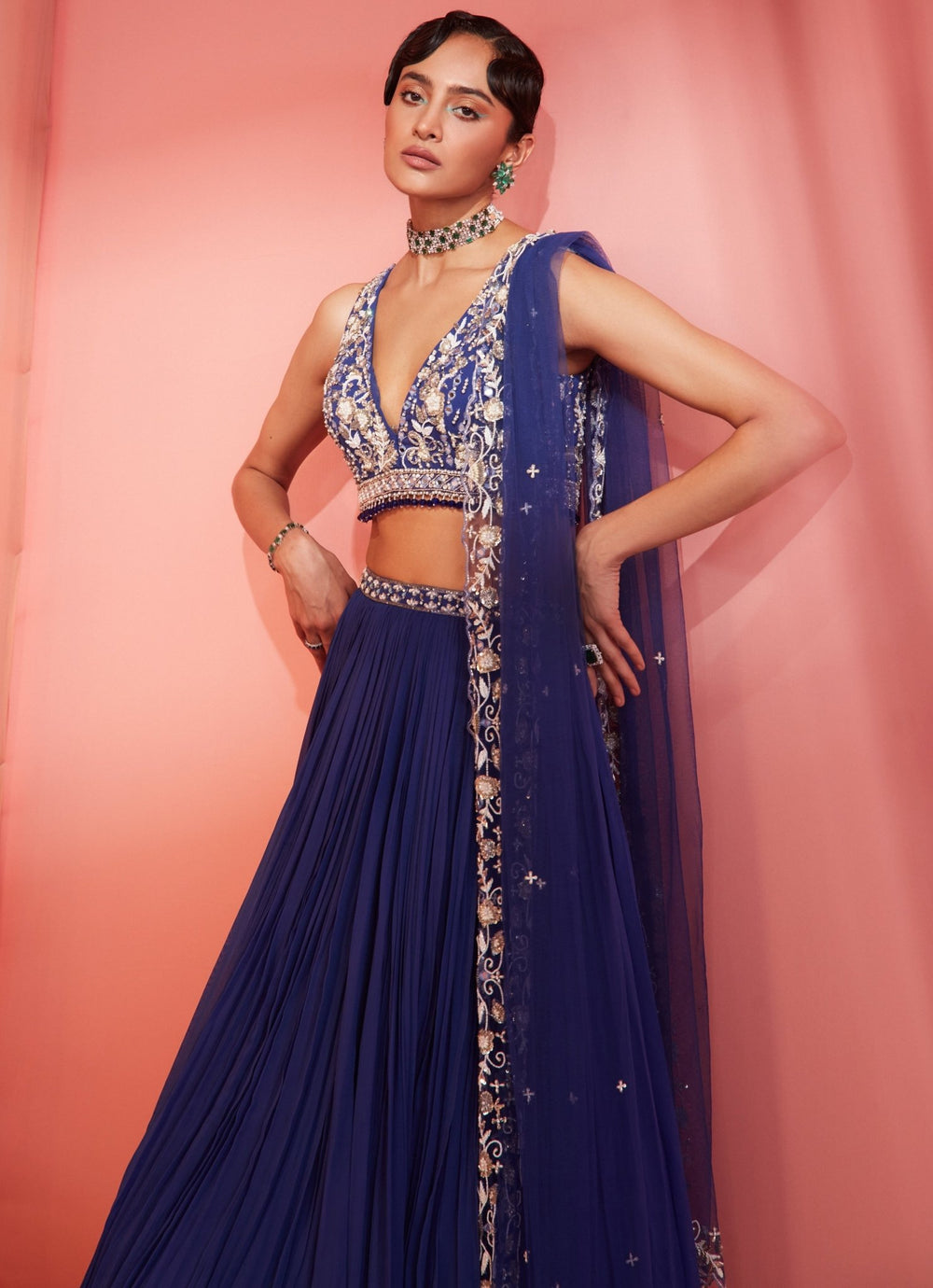 Blue Sequins Embroidered Georgette Pleated Lehenga Set Sanya Gulati - Fabilicious Fashion