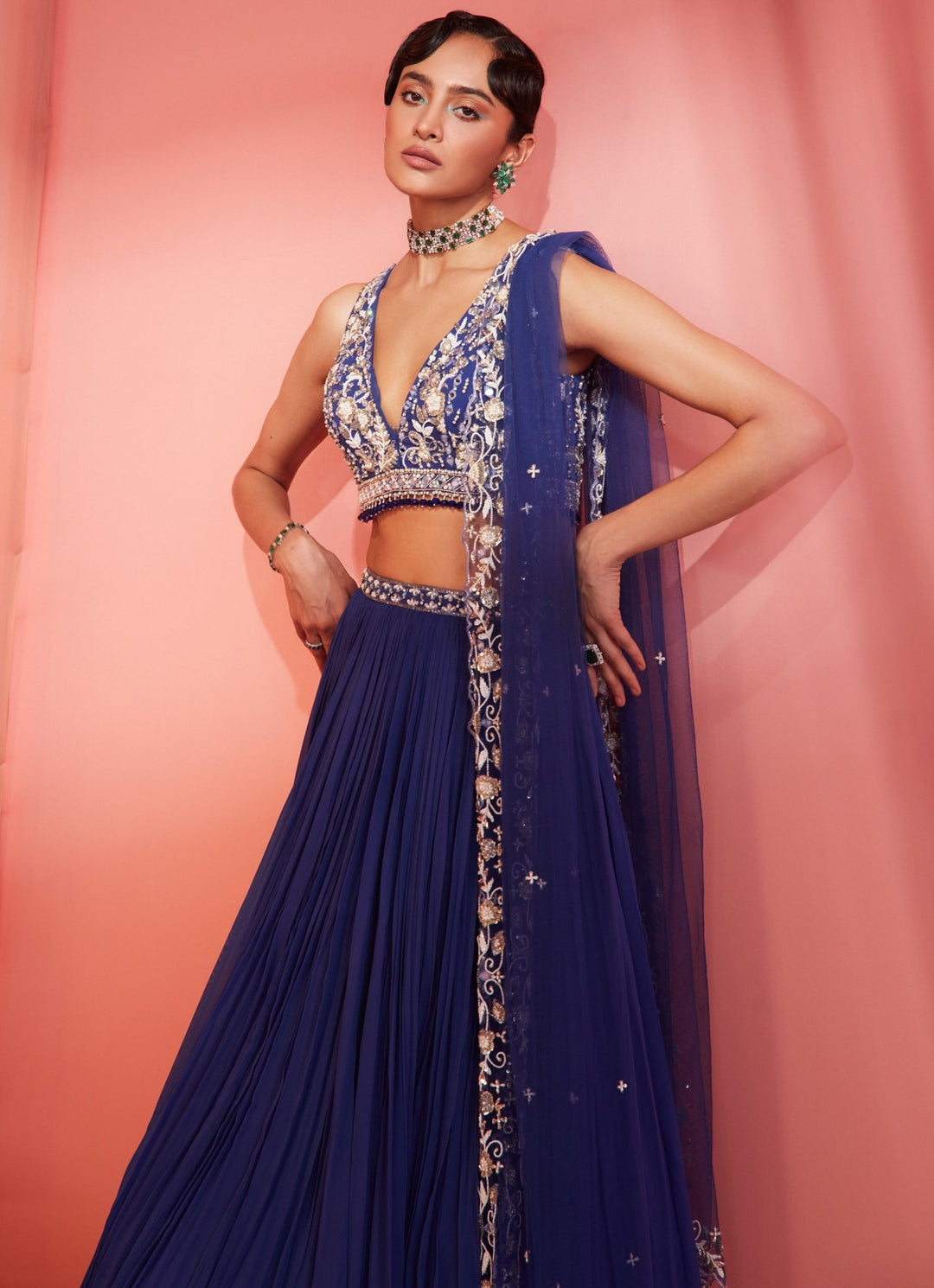 Blue Sequins Embroidered Georgette Pleated Lehenga Set Sanya Gulati - Fabilicious Fashion
