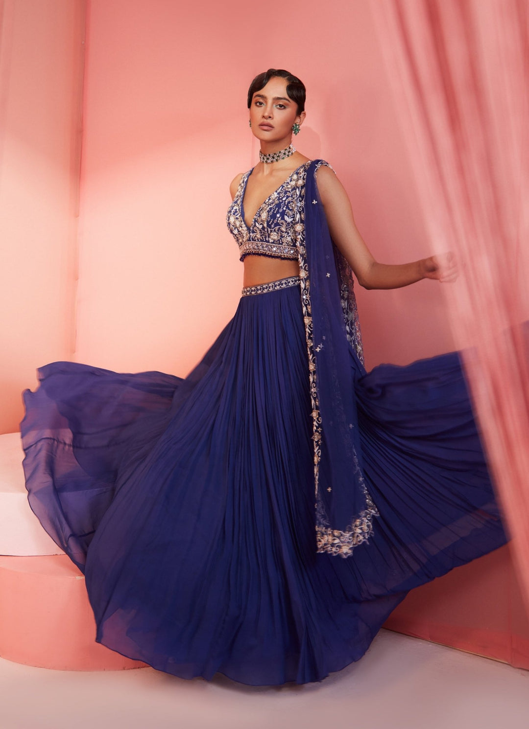 Blue Sequins Embroidered Georgette Pleated Lehenga Set Sanya Gulati - Fabilicious Fashion
