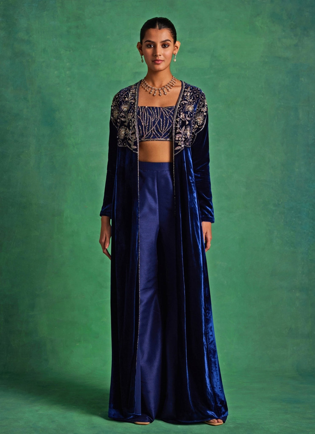 Blue Silk Bustier Pants Set With Long Velvet Jacket Sanya Gulati - Fabilicious Fashion