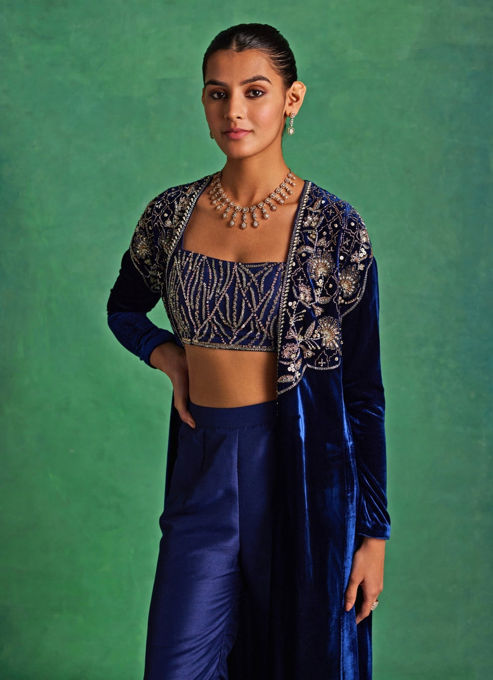 Blue Silk Bustier Pants Set With Long Velvet Jacket Sanya Gulati - Fabilicious Fashion