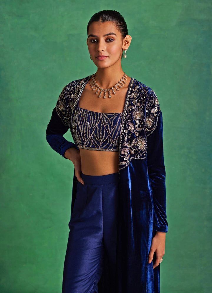 Blue Silk Bustier Pants Set With Long Velvet Jacket Sanya Gulati - Fabilicious Fashion