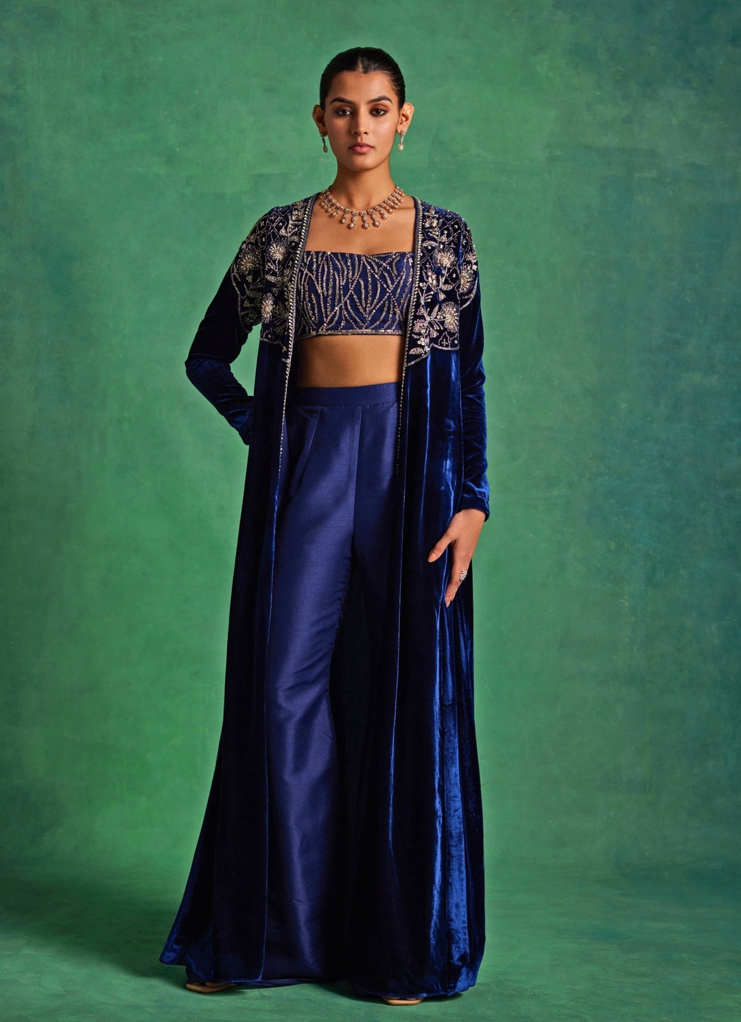 Blue Silk Bustier Pants Set With Long Velvet Jacket Sanya Gulati - Fabilicious Fashion