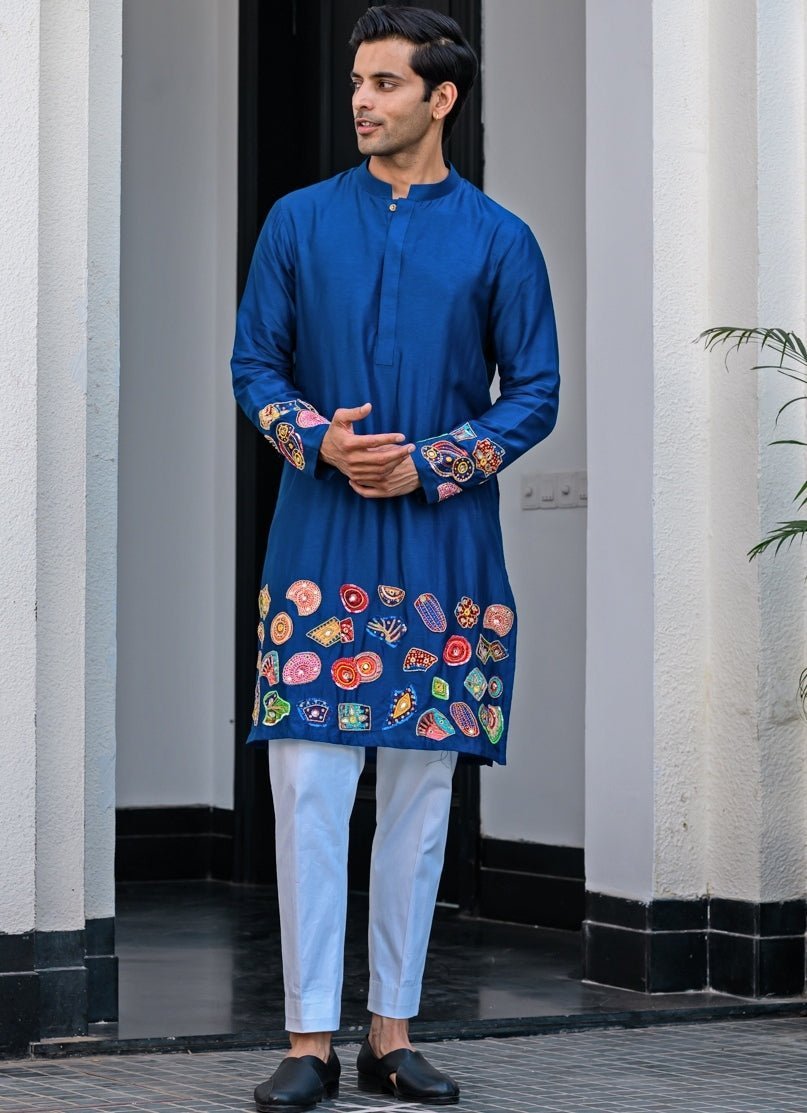 Blue Silk Embroidered Kurta Pant Set Juhi Bengani - Men - Fabilicious Fashion