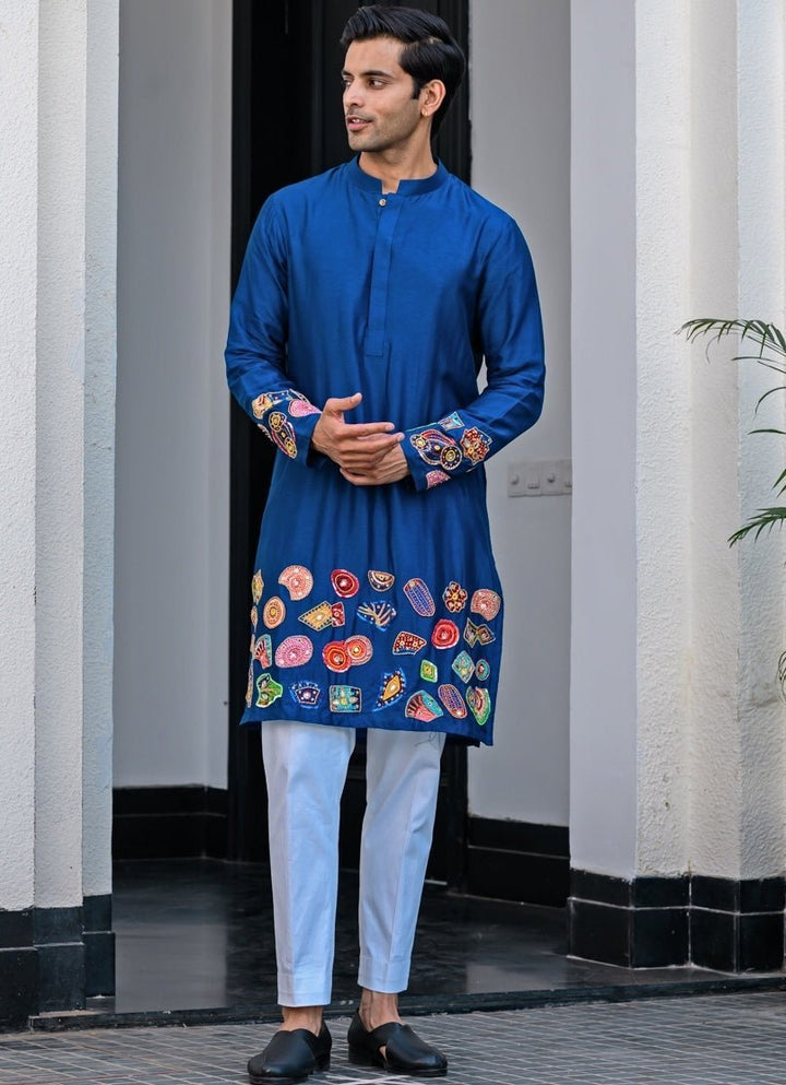 Blue Silk Embroidered Kurta Pant Set Juhi Bengani - Men - Fabilicious Fashion