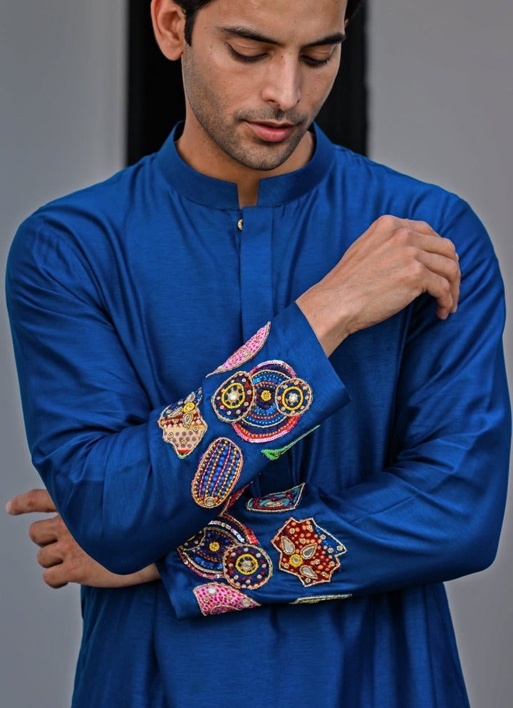 Blue Silk Embroidered Kurta Juhi Bengani - Men - Fabilicious Fashion