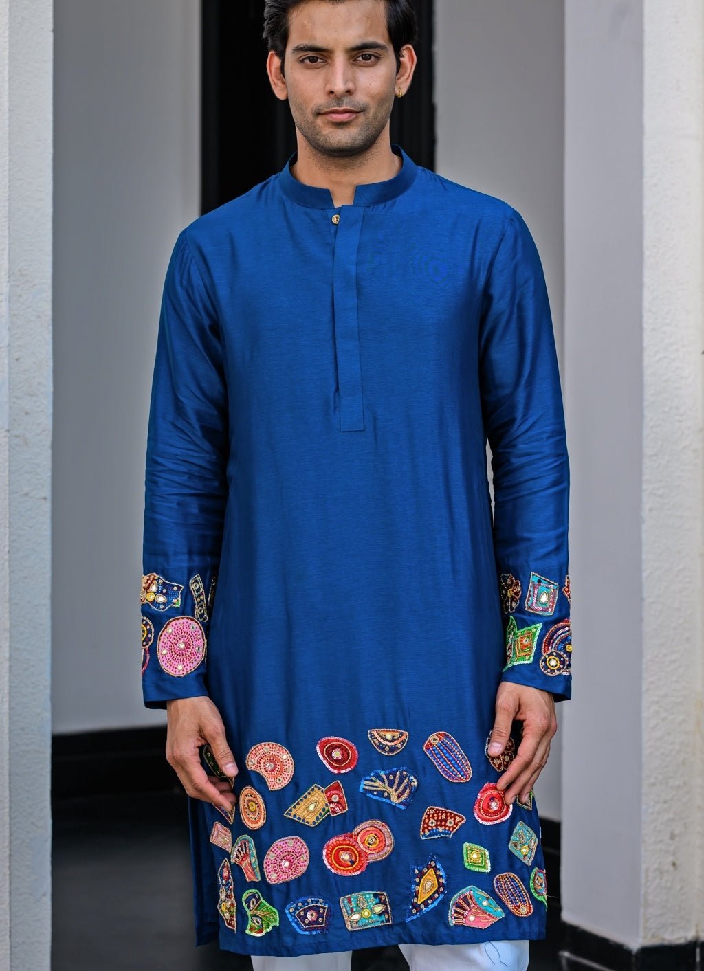 Blue Silk Embroidered Kurta Juhi Bengani - Men - Fabilicious Fashion