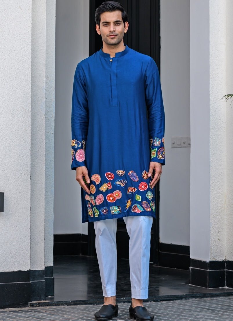 Blue Silk Embroidered Kurta Juhi Bengani - Men - Fabilicious Fashion