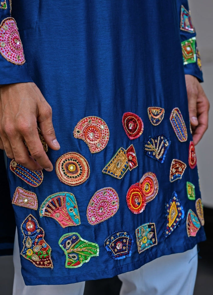 Blue Silk Embroidered Kurta Juhi Bengani - Men - Fabilicious Fashion