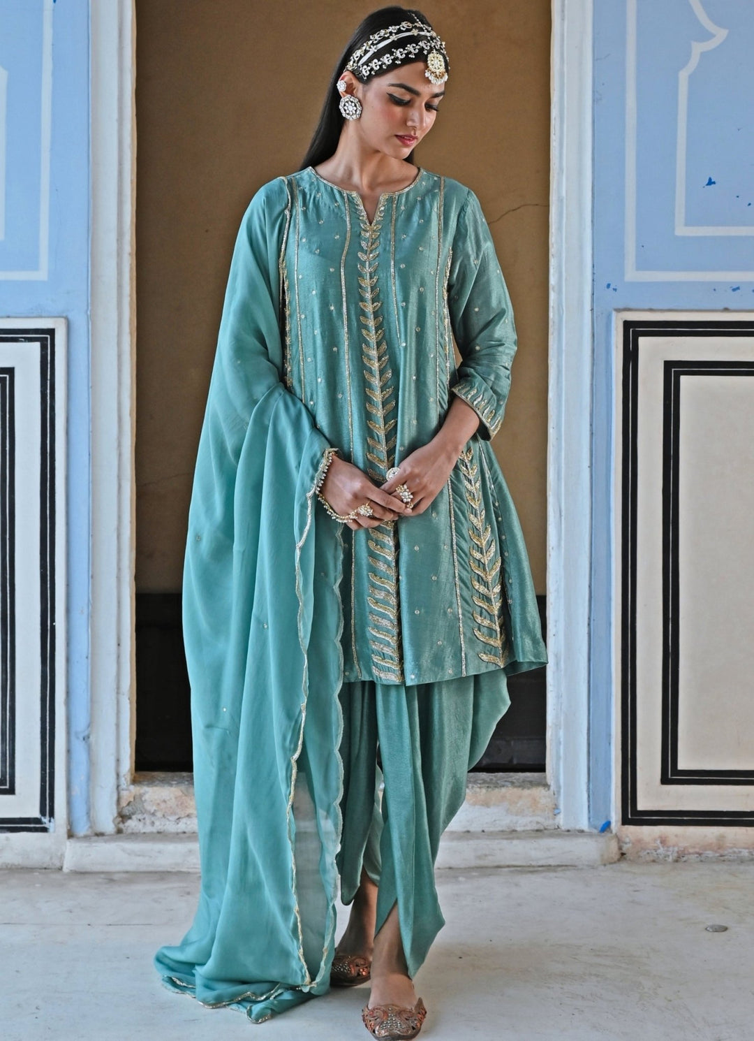 Blue Silk Embroidered Peplum Kurta Set With Dhoti Ease - Fabilicious Fashion