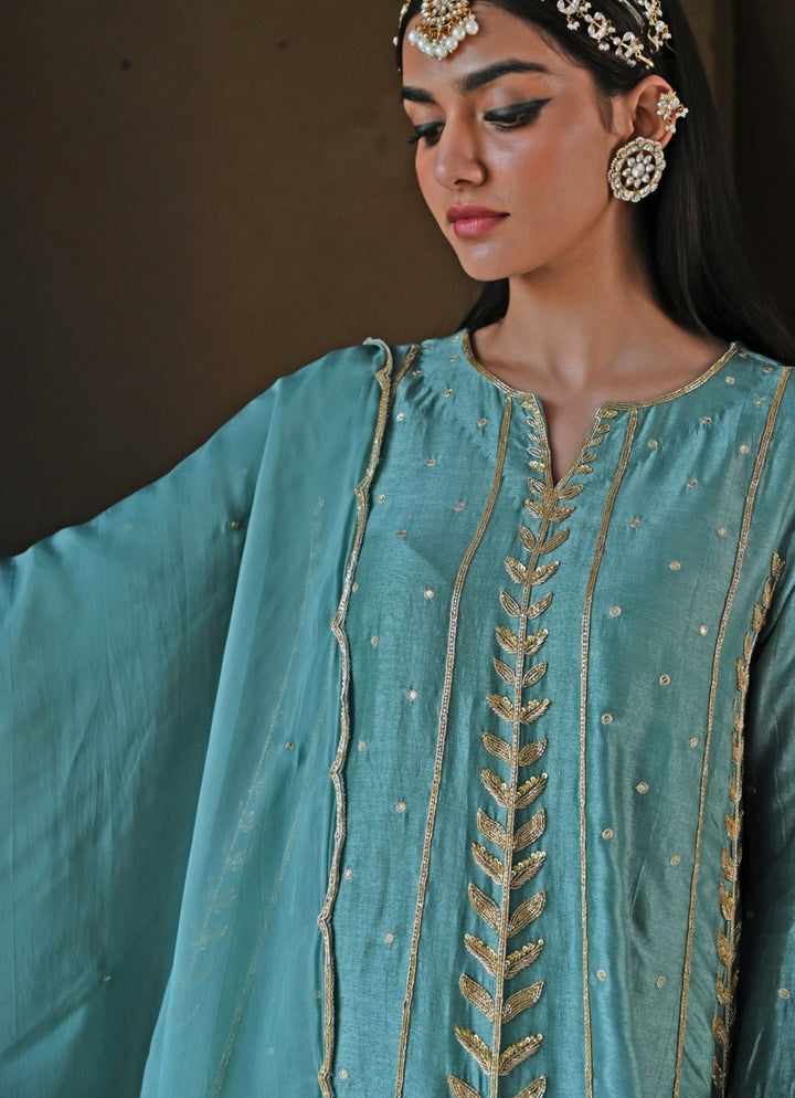 Blue Silk Embroidered Peplum Kurta Set With Dhoti Ease - Fabilicious Fashion