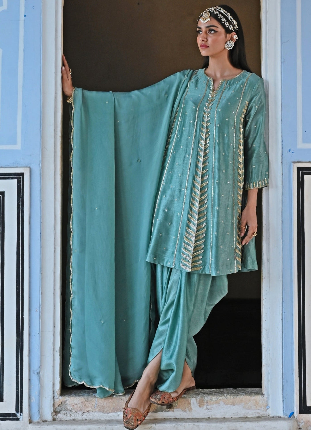 Blue Silk Embroidered Peplum Kurta Set With Dhoti Ease - Fabilicious Fashion