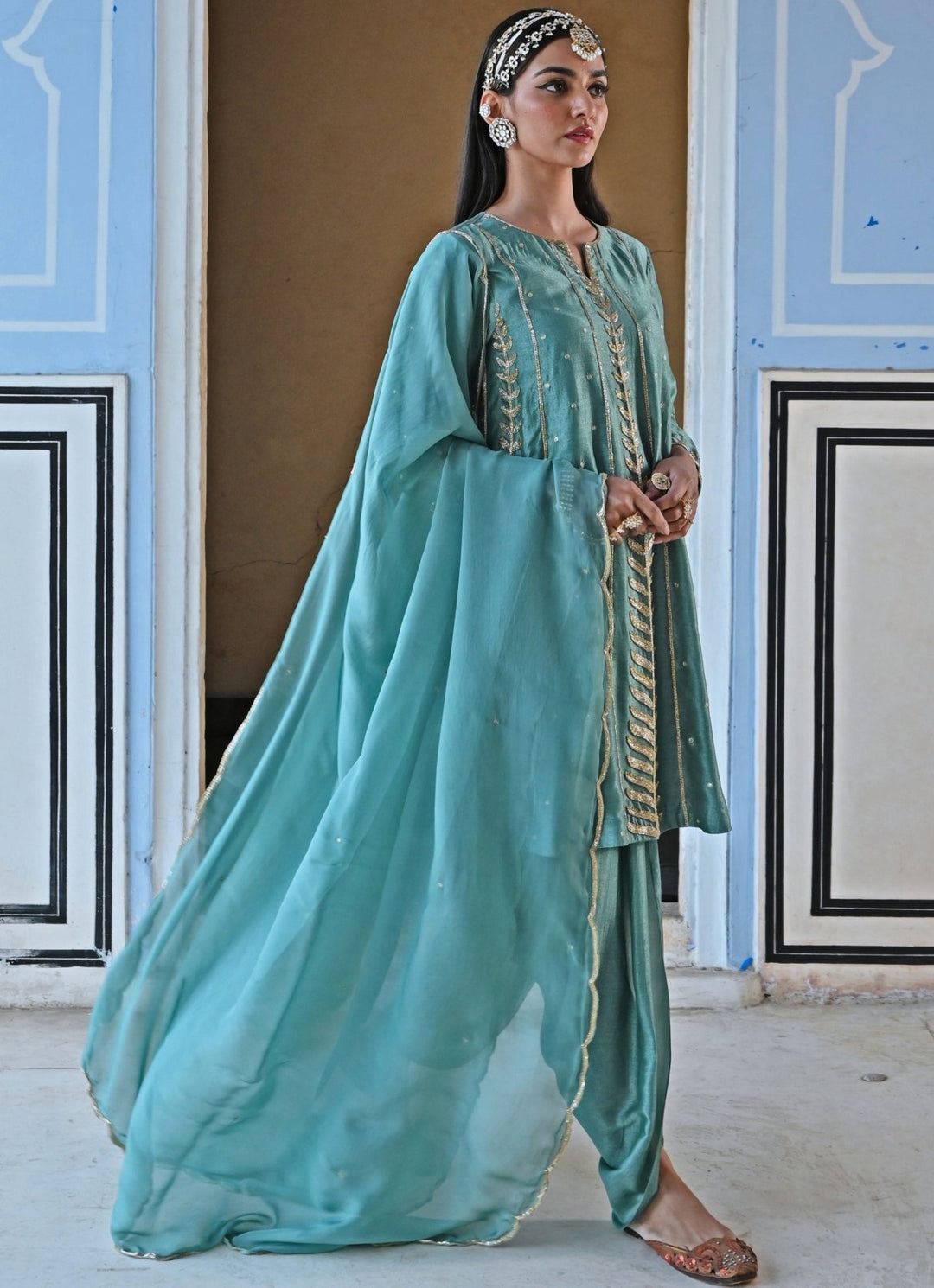 Blue Silk Embroidered Peplum Kurta Set With Dhoti Ease - Fabilicious Fashion