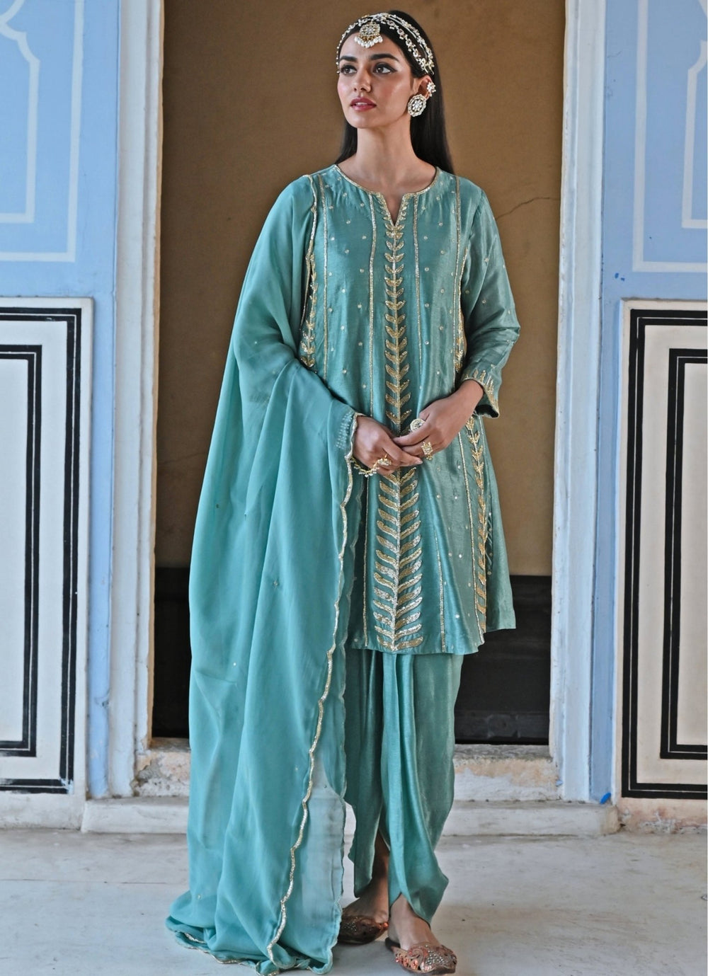 Blue Silk Embroidered Peplum Kurta Set With Dhoti Ease - Fabilicious Fashion
