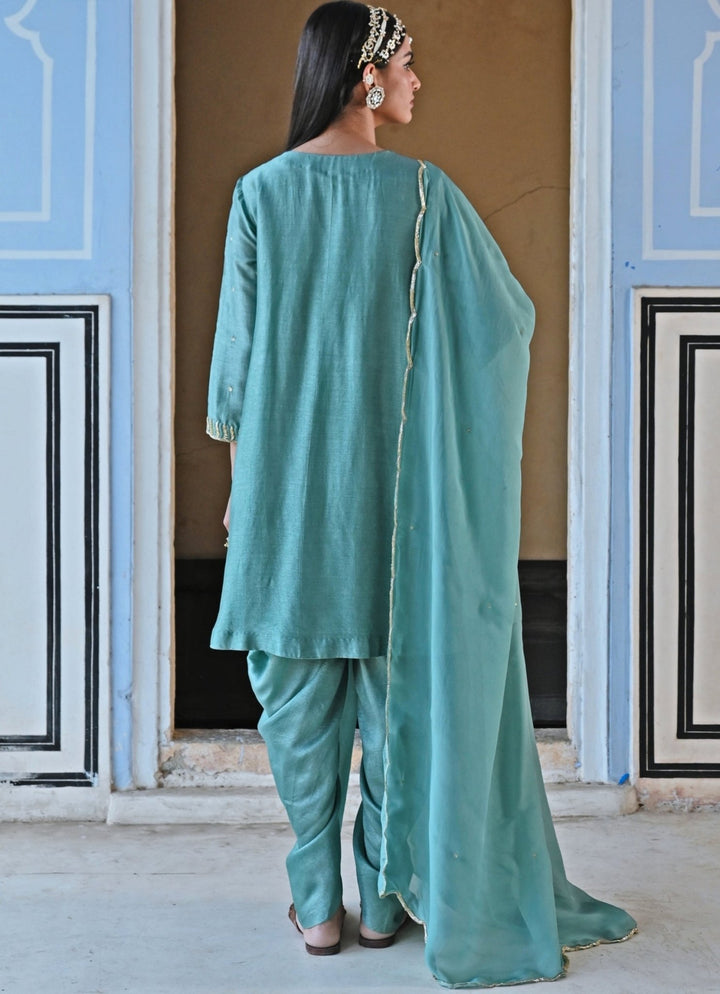 Blue Silk Embroidered Peplum Kurta Set With Dhoti Ease - Fabilicious Fashion
