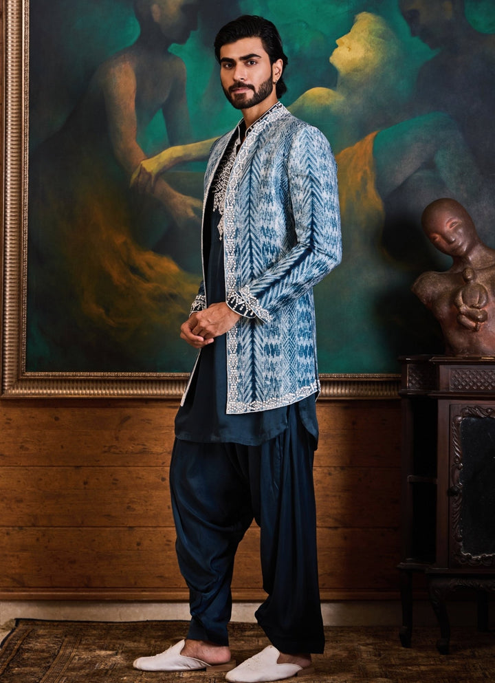 Blue Silk Jacket with Teal Kurta Set Nitika Gujral - Men - Fabilicious Fashion