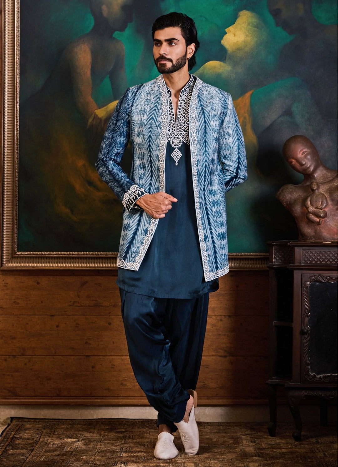 Blue Silk Jacket with Teal Kurta Set Nitika Gujral - Men - Fabilicious Fashion