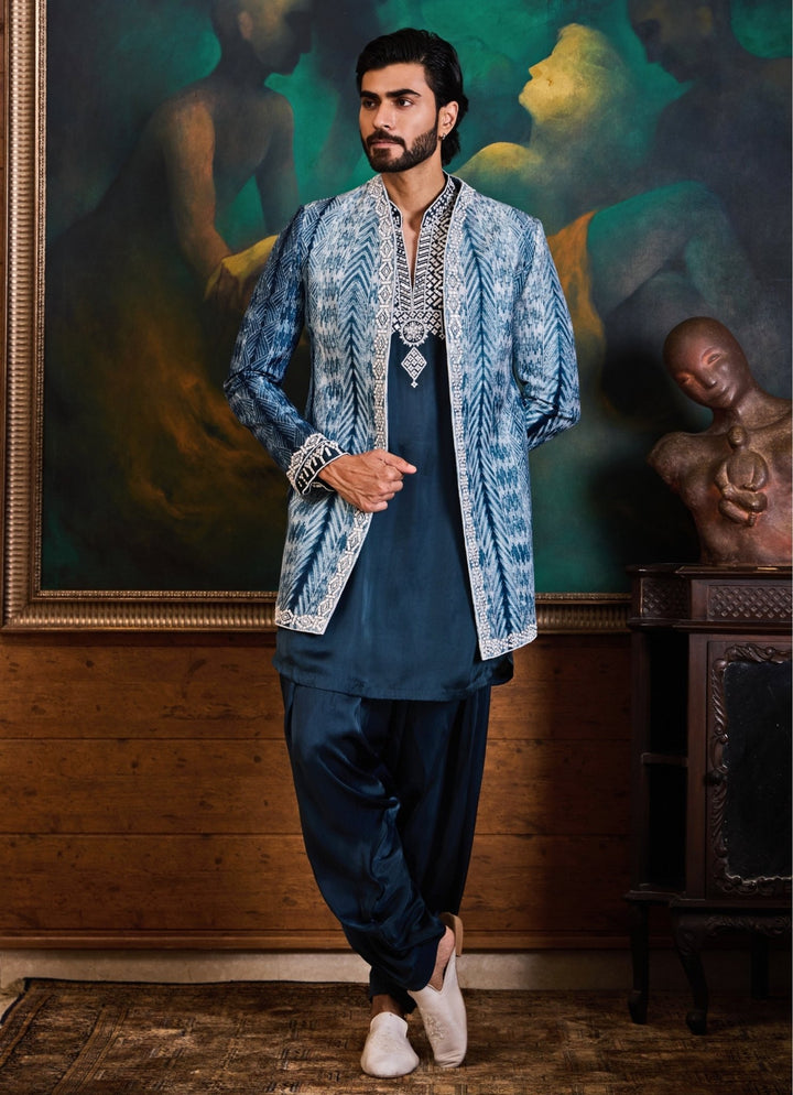 Blue Silk Jacket with Teal Kurta Set Nitika Gujral - Men - Fabilicious Fashion