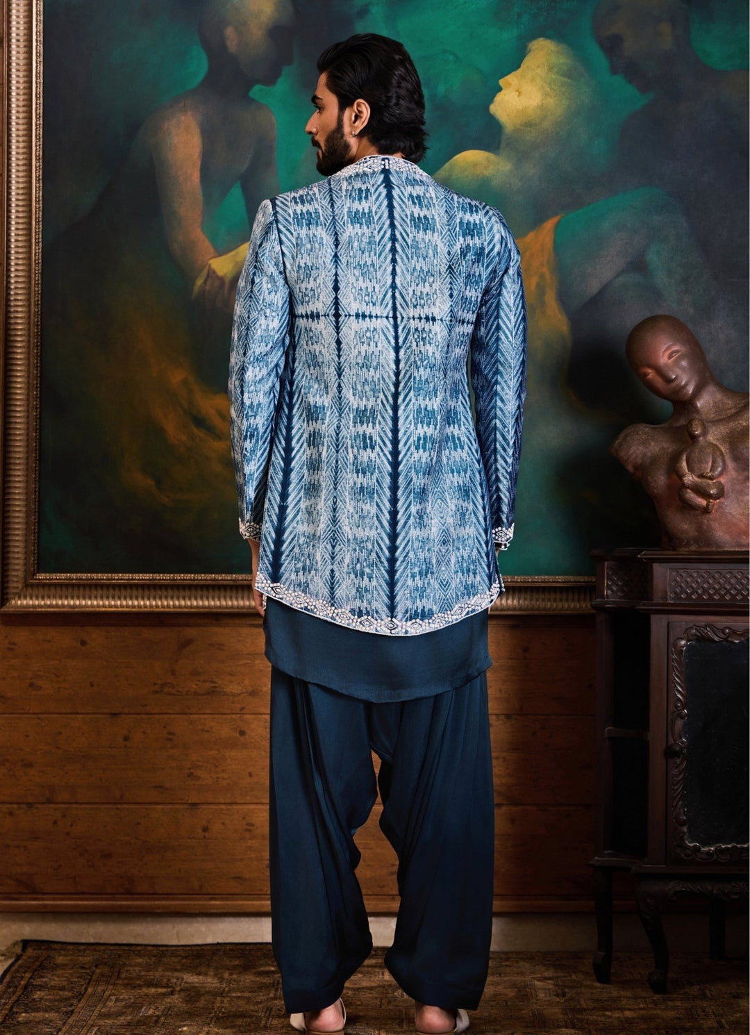 Blue Silk Jacket with Teal Kurta Set Nitika Gujral - Men - Fabilicious Fashion