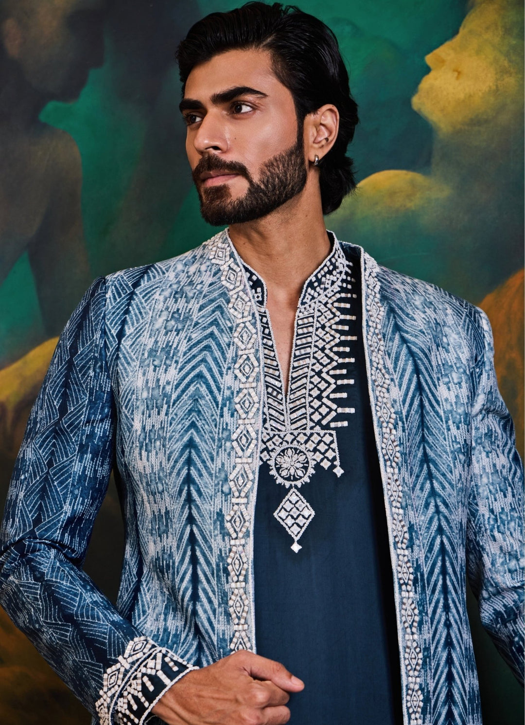 Blue Silk Jacket with Teal Kurta Set Nitika Gujral - Men - Fabilicious Fashion