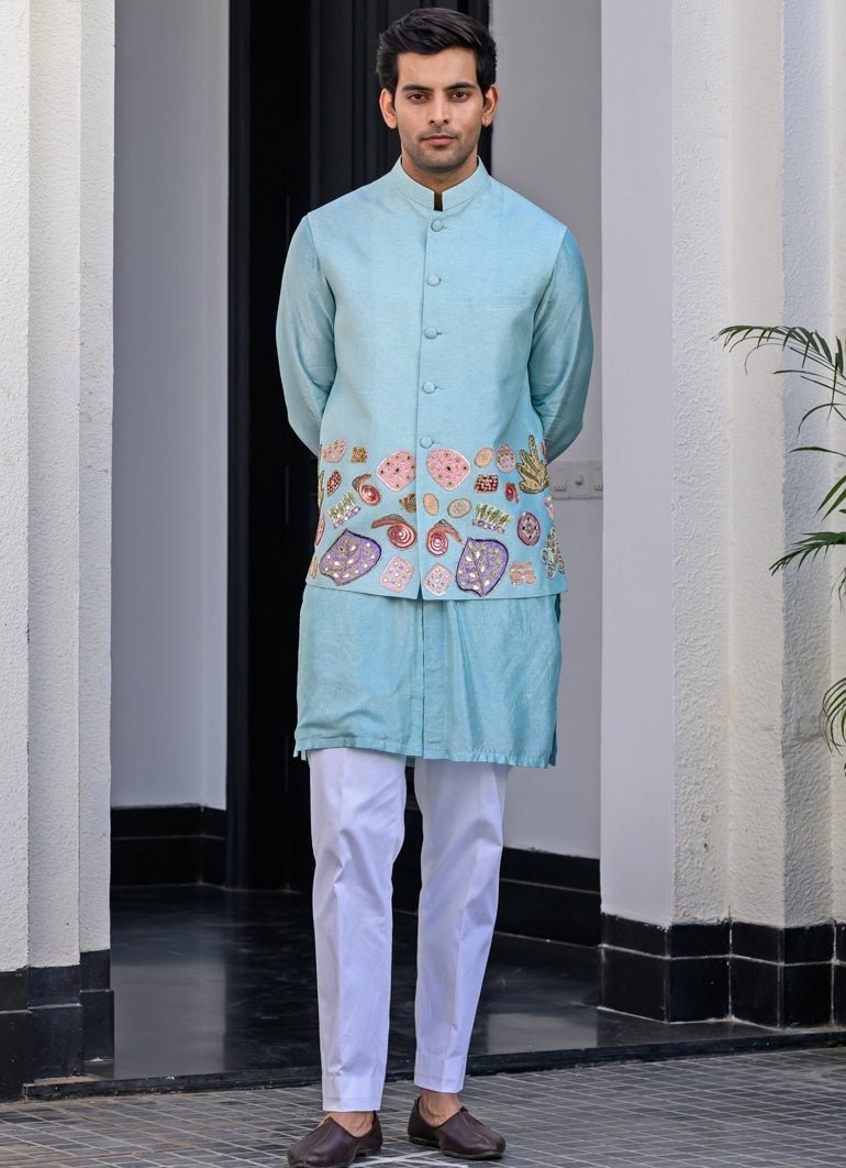 Blue Silk Kurta Pant Set with Embroidered Bundi Juhi Bengani - Men - Fabilicious Fashion