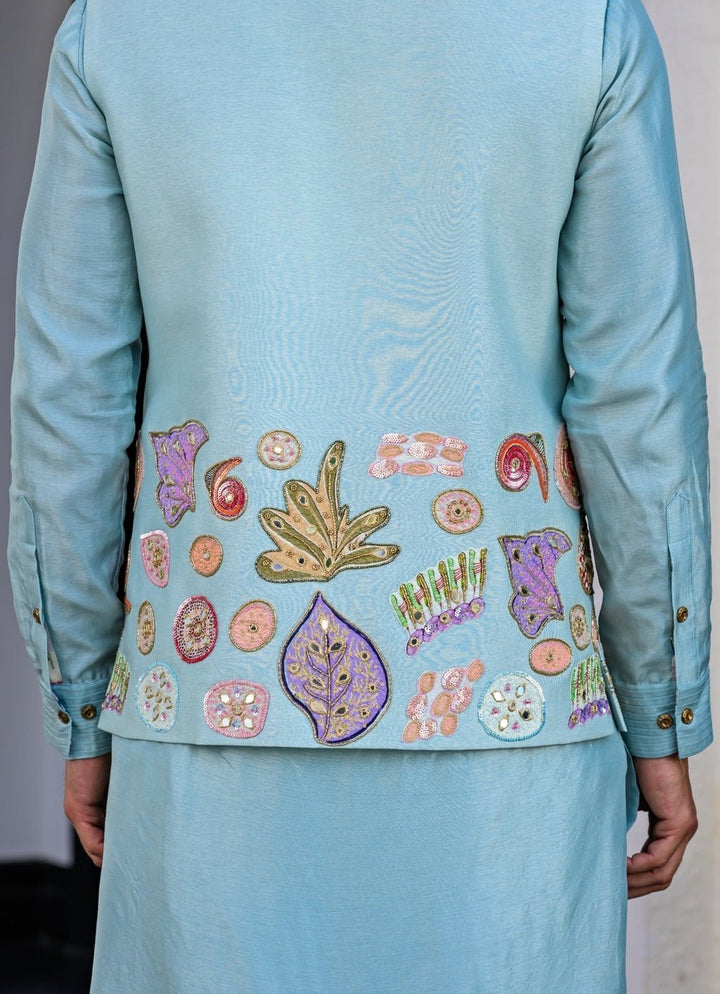 Blue Silk Kurta Pant Set with Embroidered Bundi Juhi Bengani - Men - Fabilicious Fashion