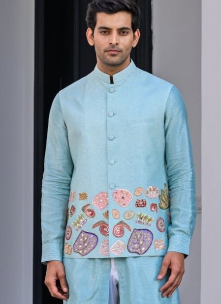 Blue Silk Kurta Pant Set with Embroidered Bundi Juhi Bengani - Men - Fabilicious Fashion
