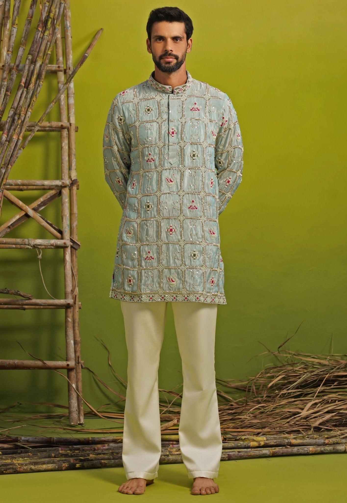 Blue silk short kurta set for men — sangeet outfit