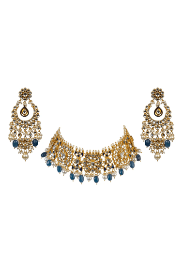 Blue Small Stone Necklace Set Riana by Shikha Jindal - Fabilicious Fashion