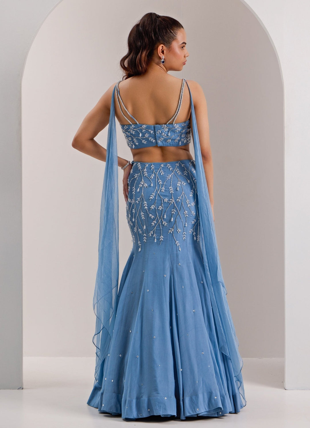 Blue Snow Embellished Mermaid Lehenga Silky Bindra - Fabilicious Fashion