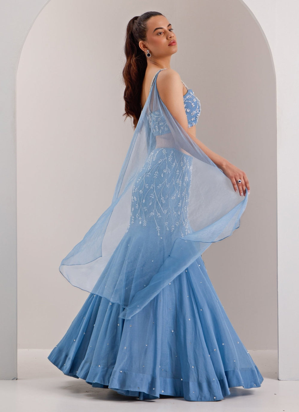 Blue Snow Embellished Mermaid Lehenga Silky Bindra - Fabilicious Fashion