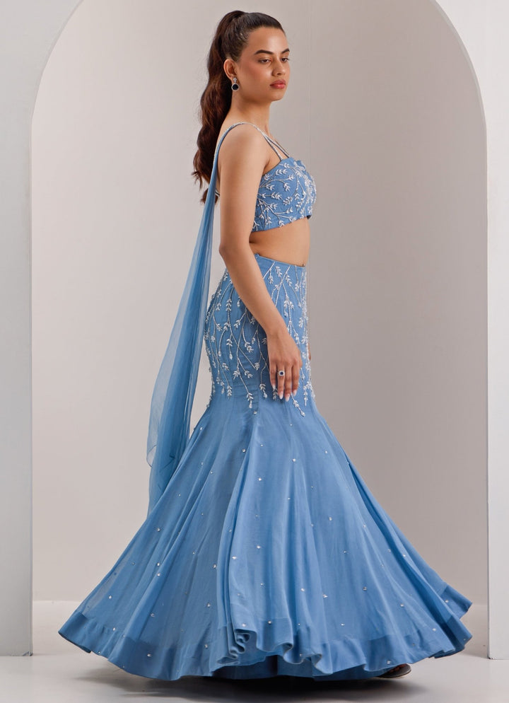 Blue Snow Embellished Mermaid Lehenga Silky Bindra - Fabilicious Fashion